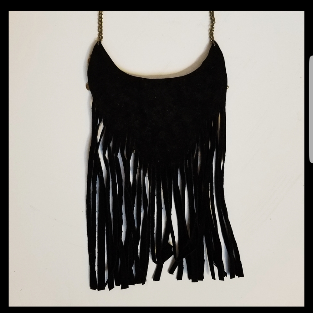 Black Suede Fringe Bib Necklace - Picture 5 of 5
